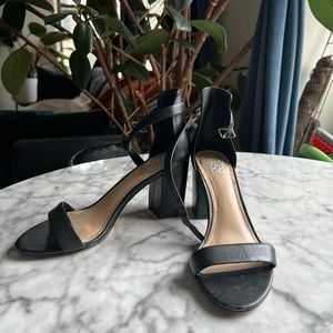 Vince Camuto Black Leather Sandal Heels with ankle strap, US6.5